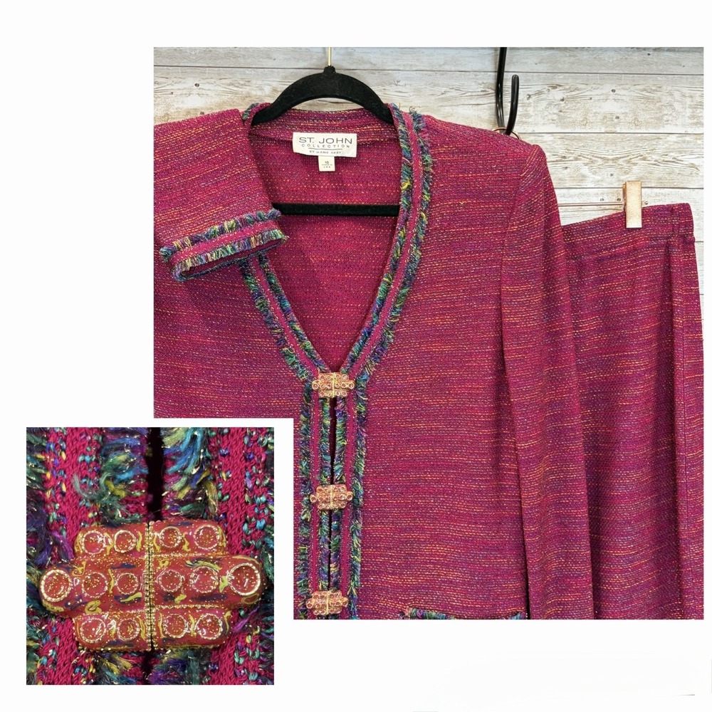 ST. JOHN Womens Suit 10 Jacket 12 Skirt Fuchsia Pink Metallic Shimmer Gold Clasp